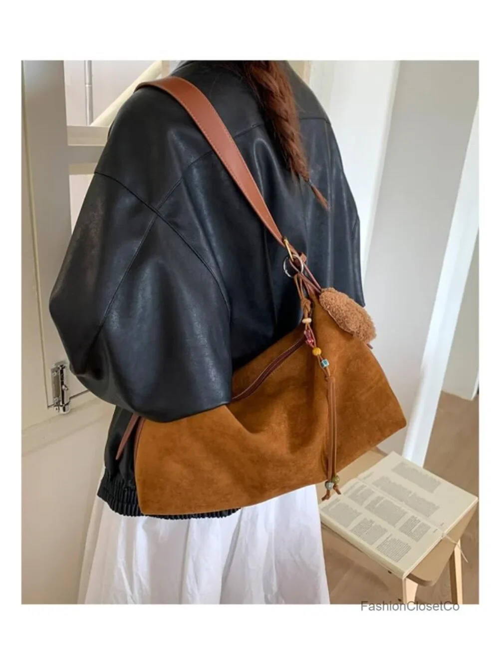 Suede Crossbody Shoulder Bag Slouchy Faux Tote Hobo Purse for Women